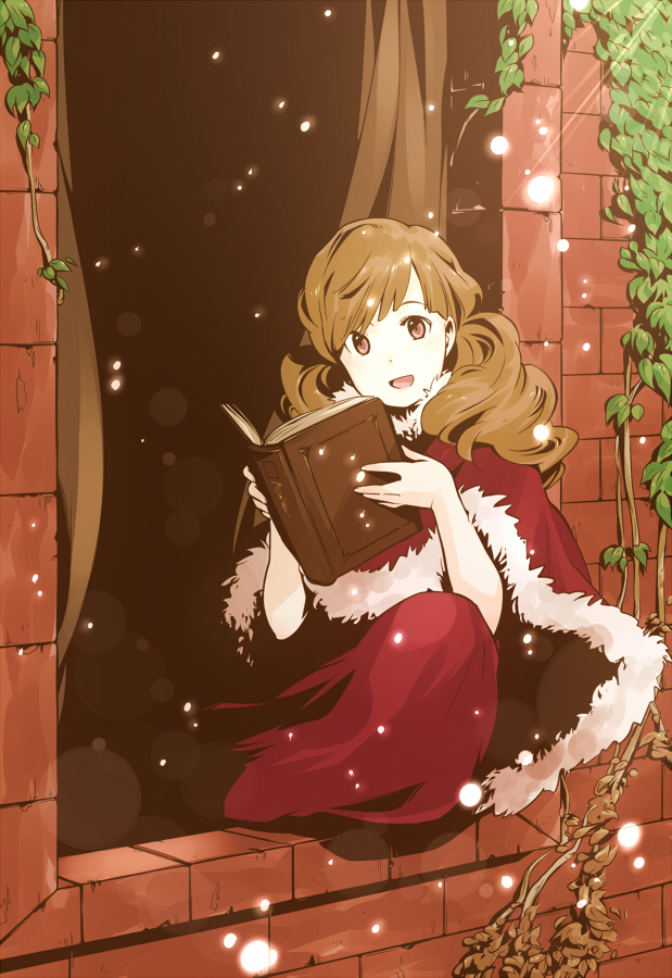 :d, book, curtains, light_smile, long_hair, open_mouth, original, pink_eyes