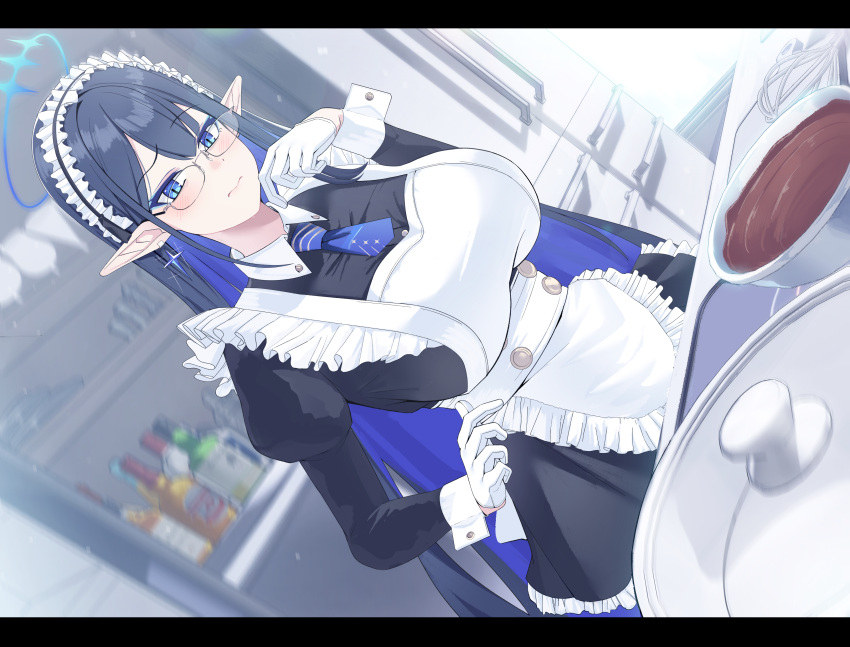 1girl, absurdres, alternate_costume, apron, black_dress, black_hair, blue_archive, blue_hair
