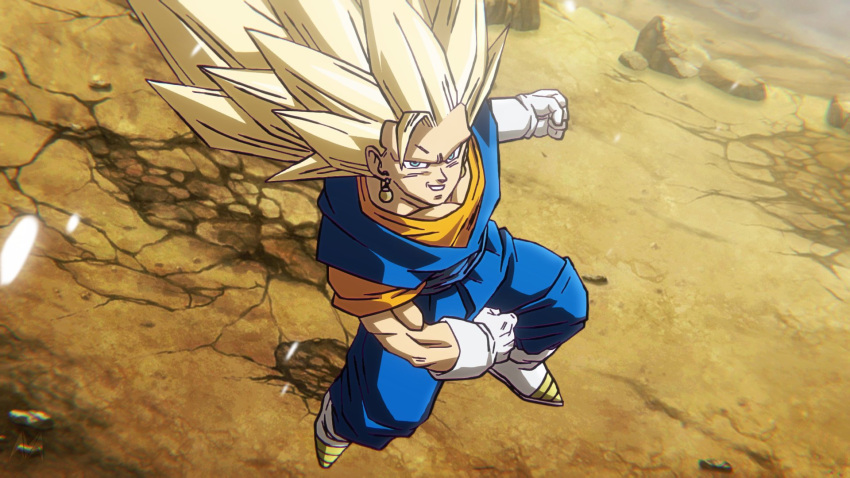 alternate_universe, blonde_hair, blue_pants, blue_sash, blue_shirt, boots, dougi, dragon_ball