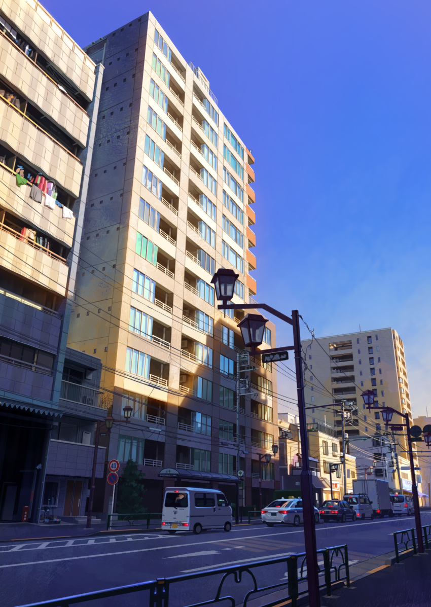 black_car, blue_sky, box_truck, building, bus_stop, capelet, car, city, clear_sky, commentary_request, evening, highres, karasu_100, lamppost, laundry, motor_vehicle, no_humans, original, outdoors, power_lines, railing, road, road_sign, scenery, sidewalk, sign, sky, street, sunlight, taxi, tree, truck, utility_pole, white_capelet