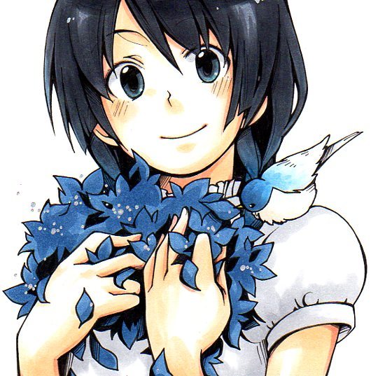 bird, black_hair, blue_eyes, face, hands_on_chest, hands_on_own_chest, hands_to_chest, leaf, marker_(medium), original, sasaki_nakona, short_hair, sigma-kanako, simple_background, smile, solo, traditional_media