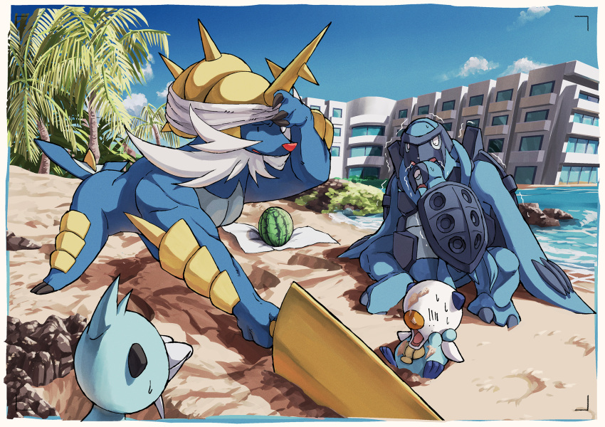 black_eyes, border, building, bulging_eyes, carracosta, claws, clouds, commentary_request
