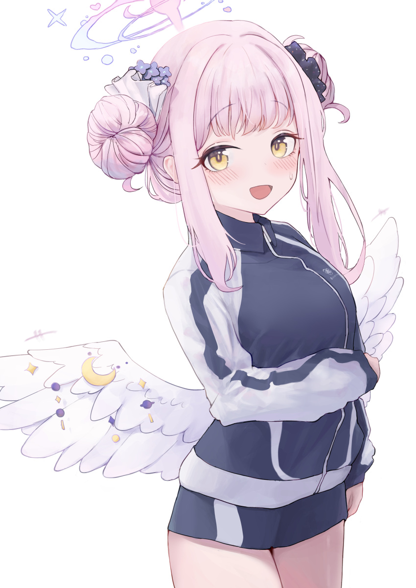 1girl, absurdres, blue_archive, blue_flower, blue_jacket, blue_shorts, blush, double_bun