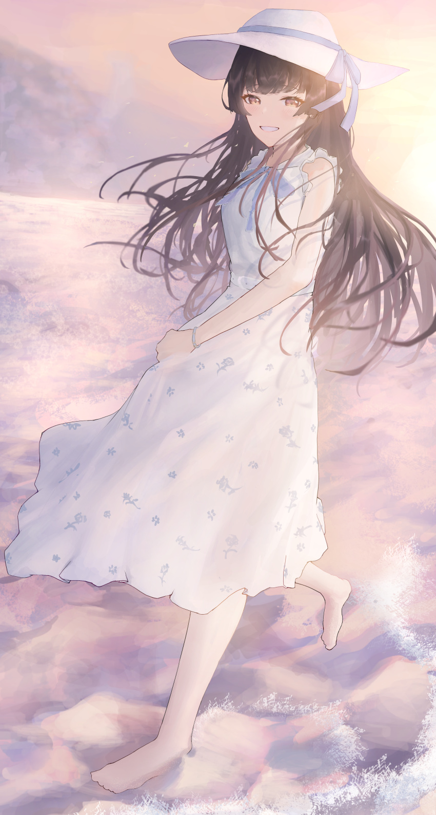 1girl, absurdres, barefoot, black_hair, blue_ribbon, blush, brown_eyes, dress
