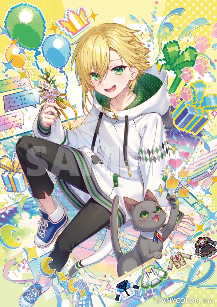 1boy, :d, balloon, black_dress, black_pants, blonde_hair, blue_footwear, box