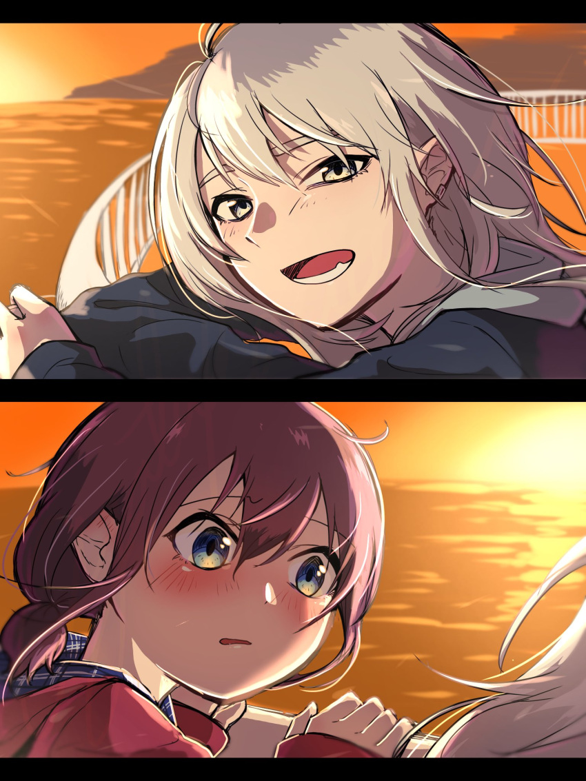 2girls, ayataka_syumimi, blue_eyes, blush, brown_hair, commentary_request, girls_band_cry, grey_eyes