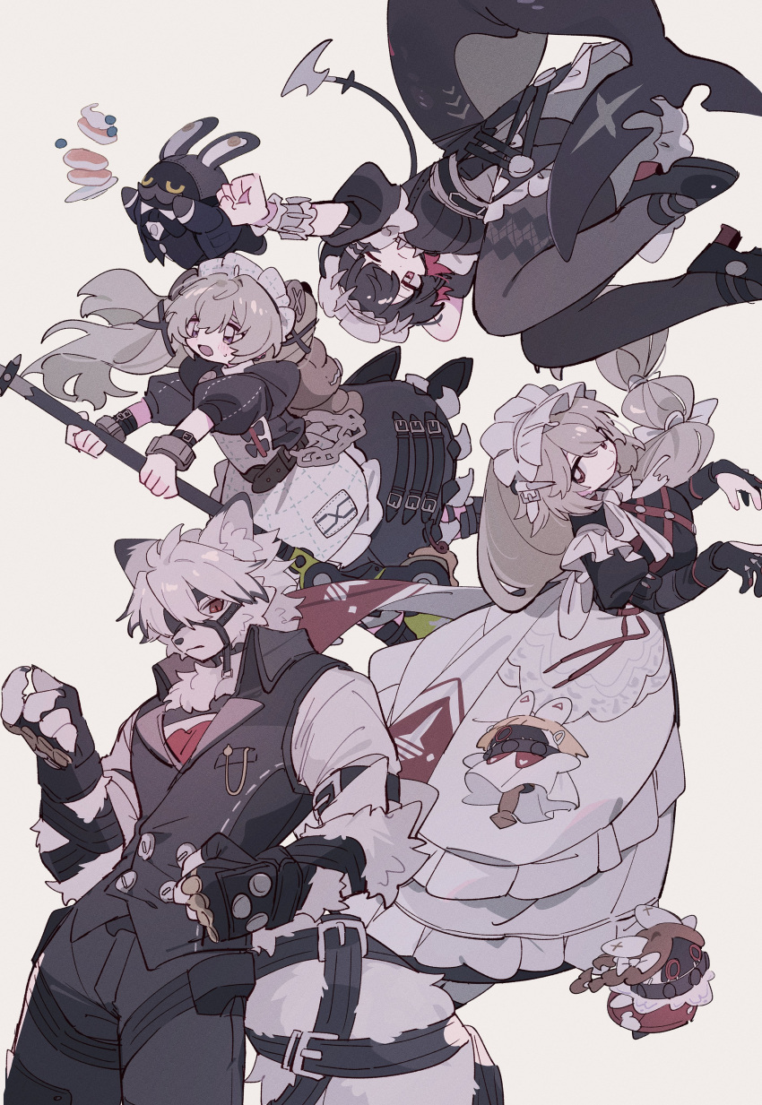 1boy, 3girls, absurdres, alexandrina_sebastiane, anastella_(zenless_zone_zero), animal_bag, animal_ears, argyle_clothes