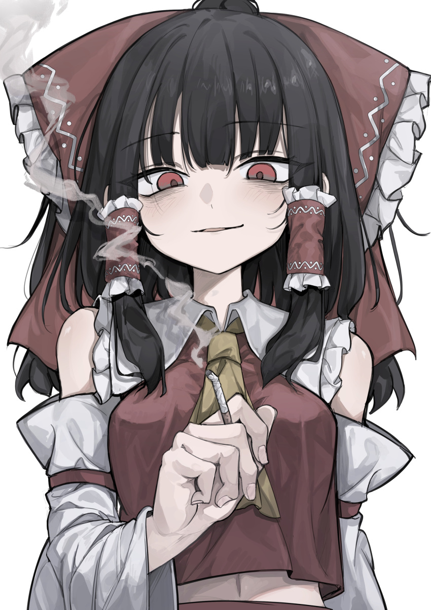 1girl, absurdres, ascot, bare_shoulders, black_hair, bow, breasts, cigarette