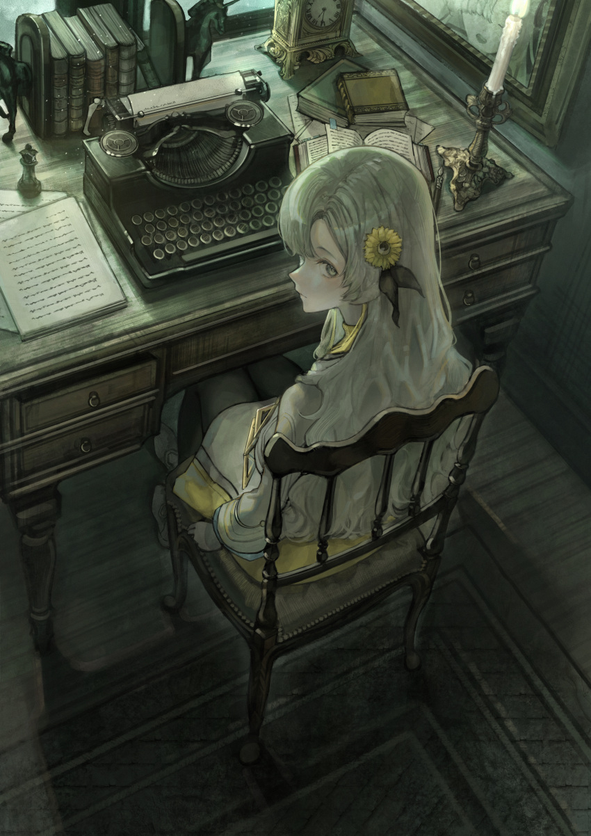 1girl, absurdres, asymmetrical_bangs, black_pantyhose, book, candle, candlestand, carpet