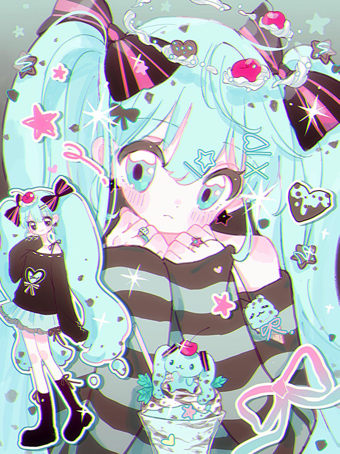 1girl, aqua_eyes, aqua_hair, aqua_skirt, aqua_theme, black_bow, black_footwear, black_shirt