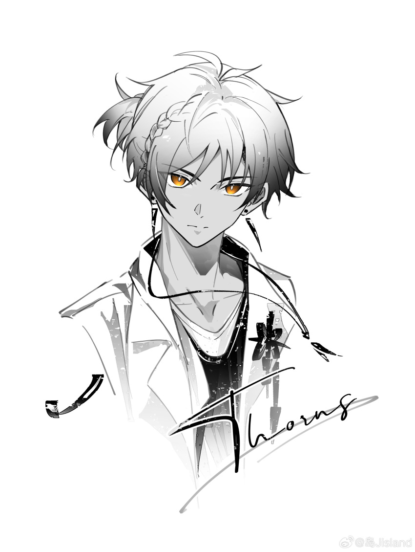 1boy, absurdres, arknights, braid, character_name, chinese_commentary, closed_mouth, collarbone