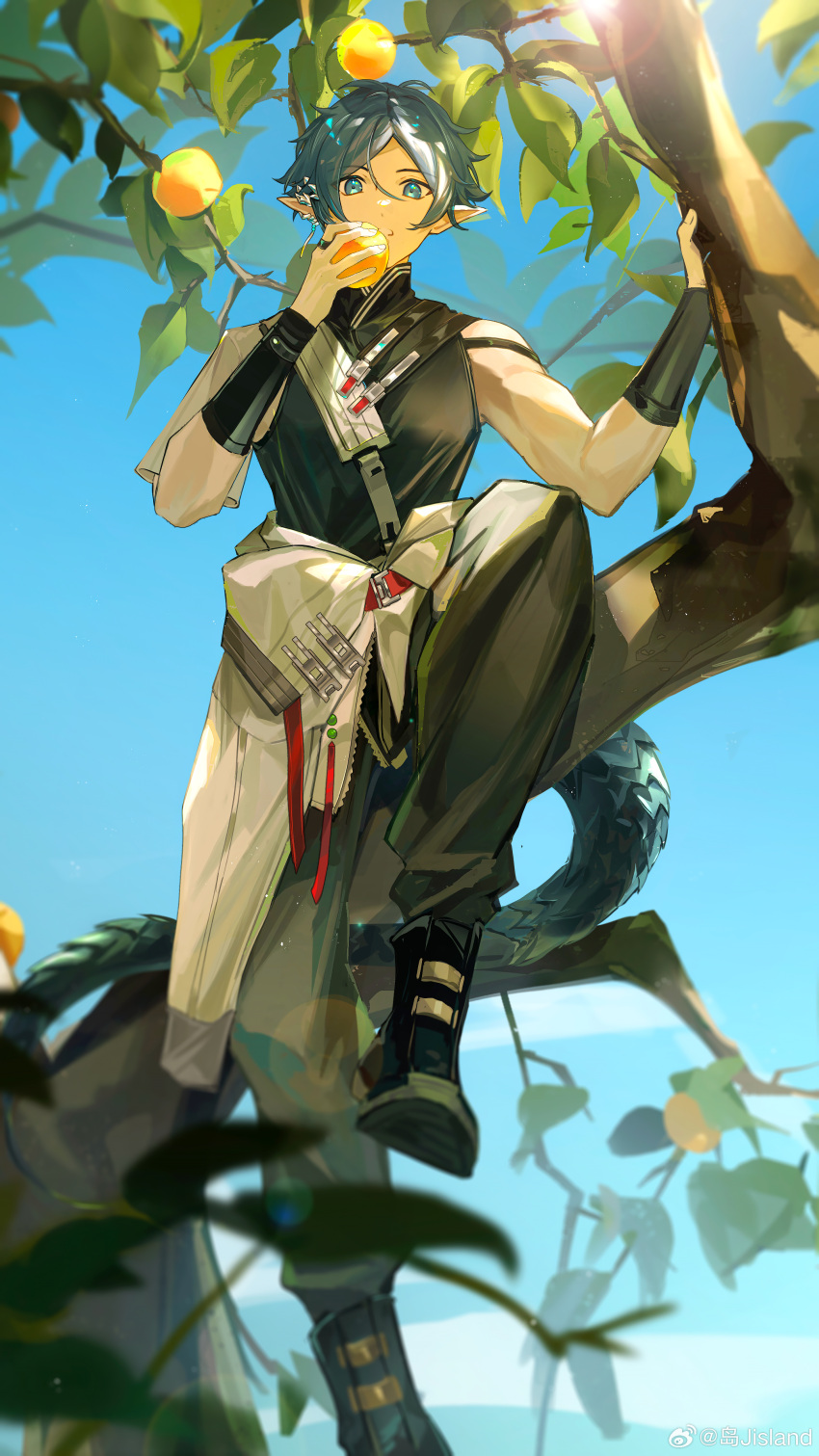 1boy, absurdres, arknights, armor, bare_shoulders, black_shirt, blue_eyes, blue_sky