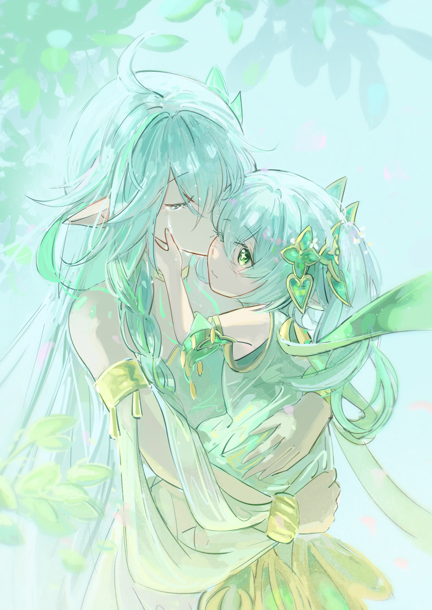 2girls, absurdres, ahoge, bare_shoulders, body_markings, cape, carrying, child_carry