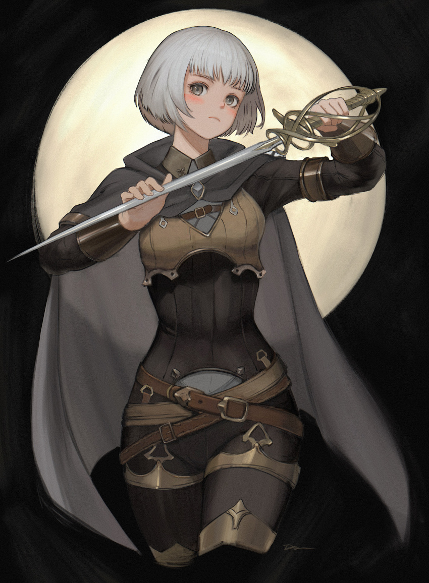 1girl, absurdres, armlet, basket_hilt, belt, black_background, blush, bracer