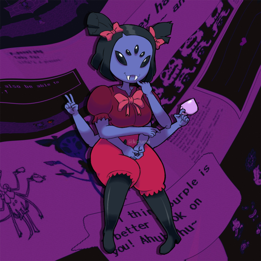 6_arms, black_eyes, boots, bow, bow_hairband, cup, cute, muffet, multiple_eyes, peace_sign, purple_background, purple_hair, purple_skin, spider, spider_girl, tea, undertale
