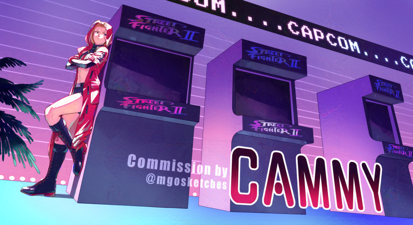 1girl, against_object, arcade, arcade_cabinet, blonde_hair, boots, cammy_white, character_name