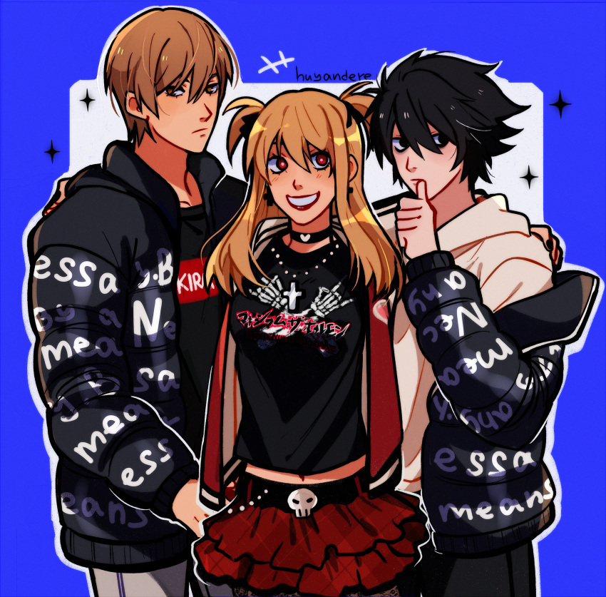 1girl, 2boys, absurdres, amane_misa, black_nails, blonde_hair, choker, cross