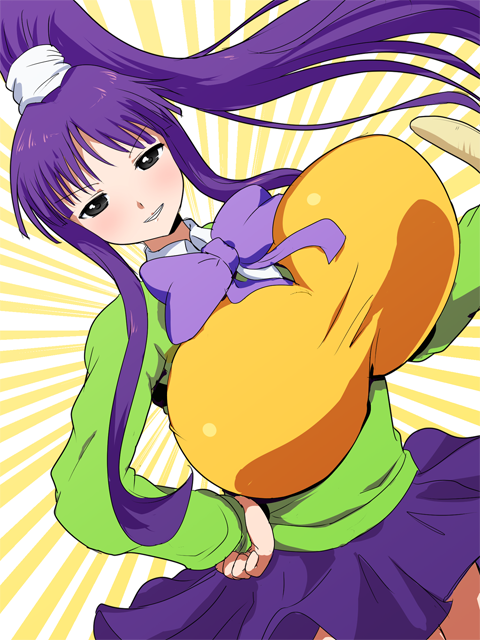 1girl, banana, blush, bow, breasts, eiken, eyebrows, eyelashes