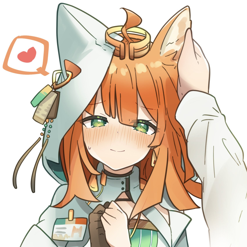1girl, ahoge, animal_ears, arknights, aza_nonoka, blunt_ends, blush, brown_gloves, commentary_request, gloves, green_eyes, hand_up, headpat, heart, highres, hood, hood_up, hooded_jacket, id_card, jacket, looking_at_viewer, orange_hair, papyrus_(arknights), rubbing_ears, single_glove, solo, spoken_heart, upper_body