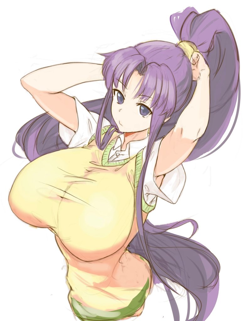 1girl, arms_up, blunt_bangs, breasts, eiken, eyebrows, eyelashes, hair_tie