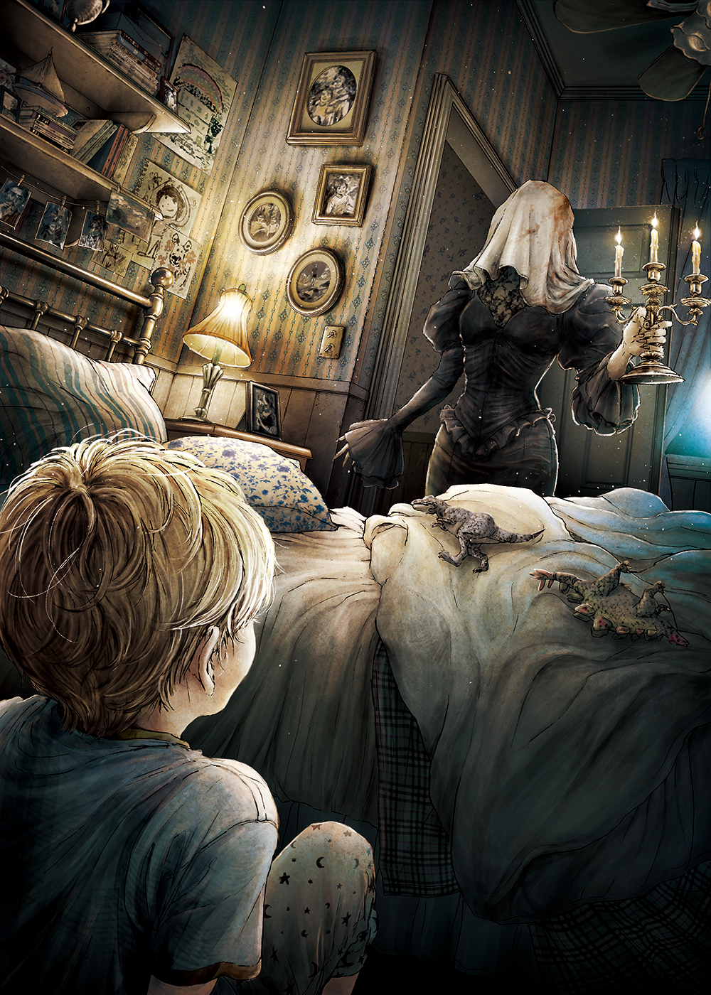 1boy, 1girl, bed, black_dress, book, candle, candlestand, ceiling_fan