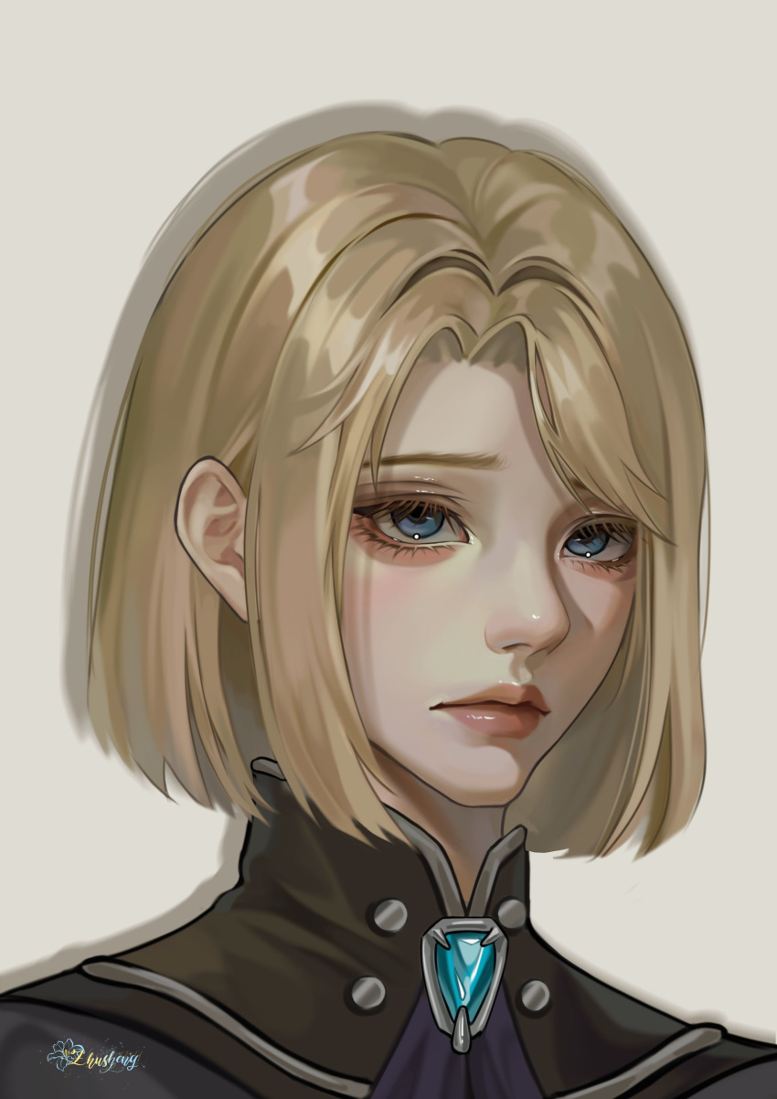 1boy, absurdres, aged_down, ascot, black_shirt, blue_ascot, blue_eyes, blue_gemstone, child, closed_mouth, commentary, curtained_hair, dimitri_alexandre_blaiddyd, eyelashes, fire_emblem, fire_emblem:_three_houses, gem, hair_behind_ear, hashtag-only_commentary, high_collar, highres, looking_at_viewer, male_focus, otoko_no_ko, parted_bangs, portrait, shirt, simple_background, solo, tzzis, white_background