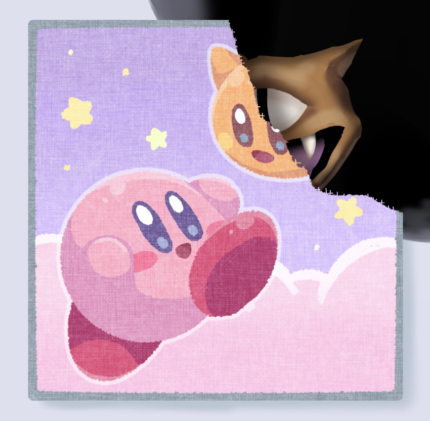 aruco_co, blue_eyes, blush, blush_stickers, clouds, commentary_request, fangs, foot_up