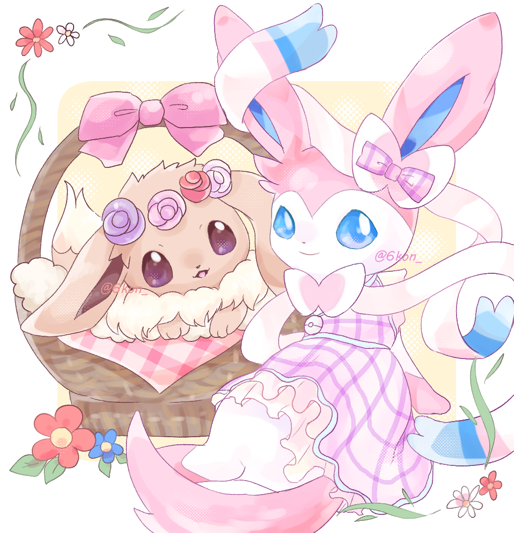 blue_eyes, bow, brown_eyes, closed_mouth, commentary_request, eevee, erminetail, flower
