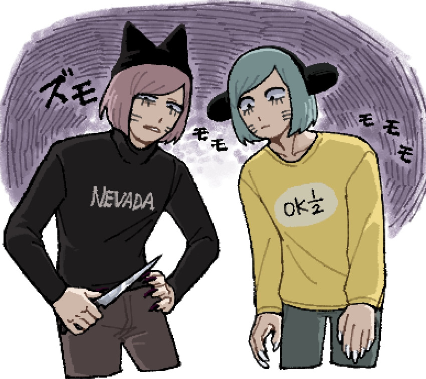 2boys, animal_hat, black_eyes, blue_hair, cat_hat, claws, commentary_request, cowboy_shot, facial_mark, hand_on_own_hip, hat, highres, holding, holding_knife, knife, looking_at_viewer, male_focus, multiple_boys, nyen_(randal's_friends), nyon_(randal's_friends), pink_hair, purple_background, randal's_friends, riokku_heya, short_hair, whisker_markings