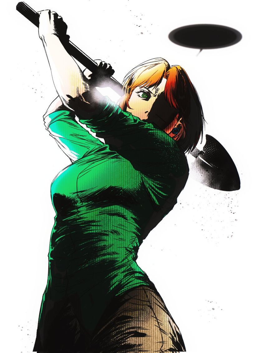 1girl, blank_speech_bubble, borderline7839, family_guy, green_eyes, green_shirt, highres, holding