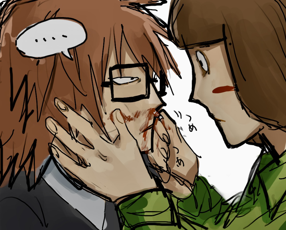 ..., 2boys, black_eyes, blood, blood_on_hands, blush_stickers, brothers, brown_hair, commentary_request, glasses, green_shirt, hand_on_another's_face, looking_at_another, luther_von_ivory, male_focus, multiple_boys, nosebleed, randal's_friends, randal_ivory, shirt, short_hair, siblings, simple_background, spoken_ellipsis, tazimaharu_0503, upper_body, white_background