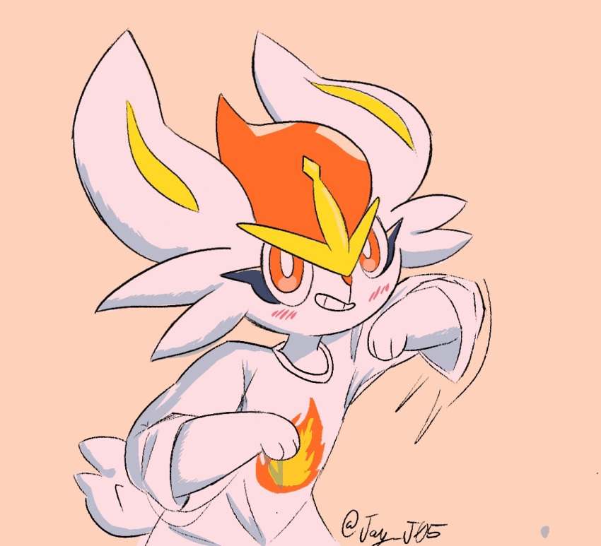 1other, animal_ears, blush, bright_pupils, cinderace, commentary, furry, jay_j05, looking_at_viewer, orange_eyes, other_focus, pokemon, pokemon_(creature), rabbit_ears, rabbit_tail, shirt, simple_background, smile, solo, symbol-only_commentary, tail, twitter_username, white_pupils, white_shirt