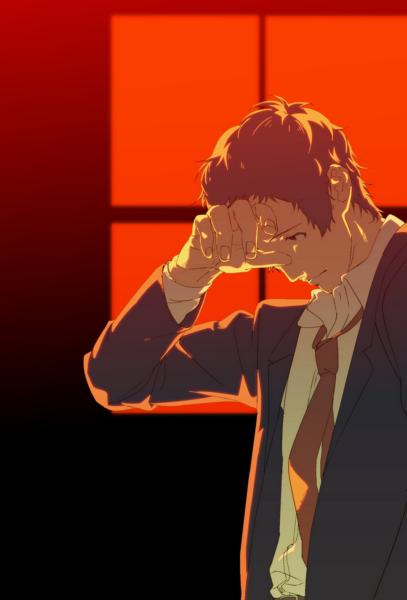 adachi_tooru, arm_up, closed_mouth, collared_shirt, gradient_background, grey_jacket, highres, jacket