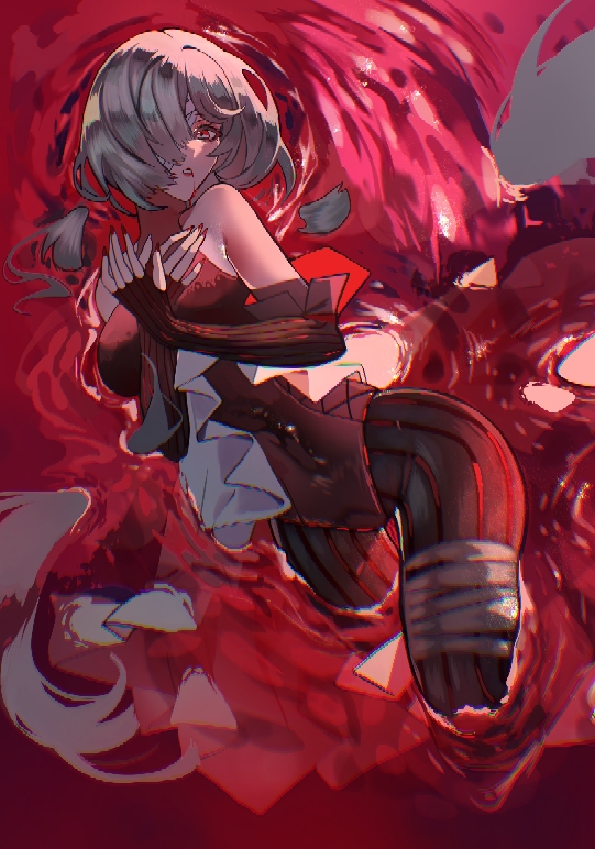 1girl, afloat, bandage_over_one_eye, bodysuit, detached_sleeves, in_water, ls, phrolova_(wuthering_waves), red_bodysuit, red_sleeves, red_water, sanya_(sanya_lox228), white_hair, wuthering_waves
