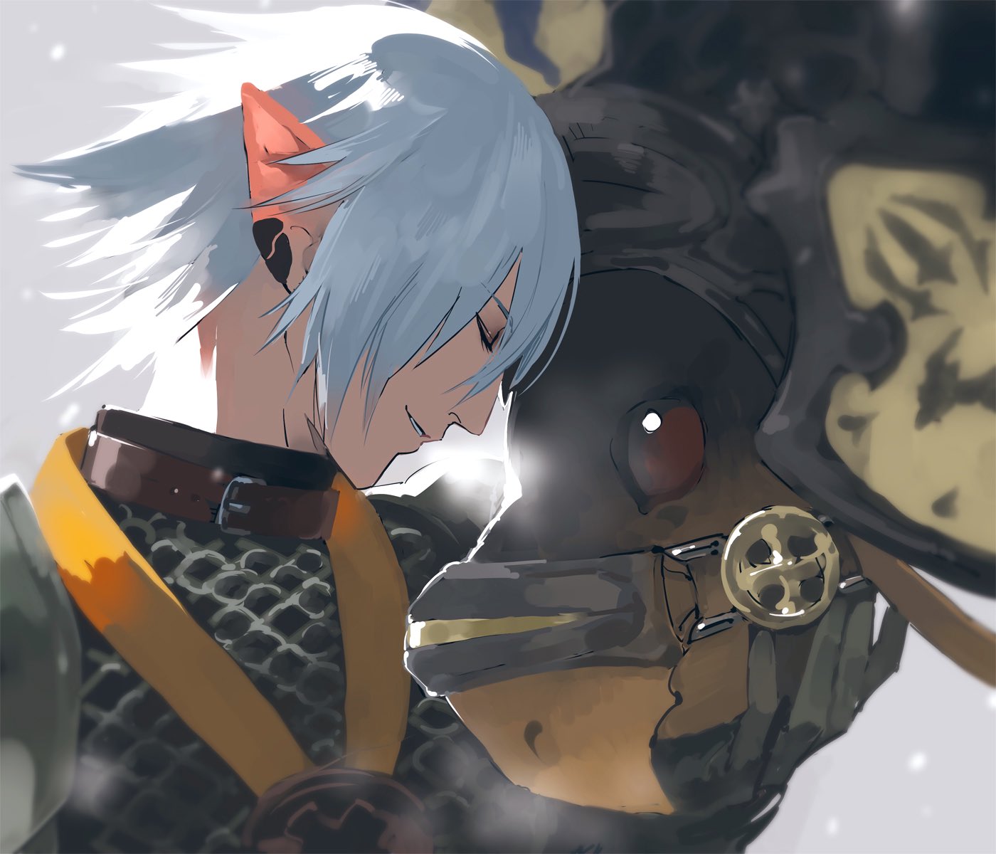 1boy, animal, arm_up, armor, belt, belt_buckle, belt_collar, bird