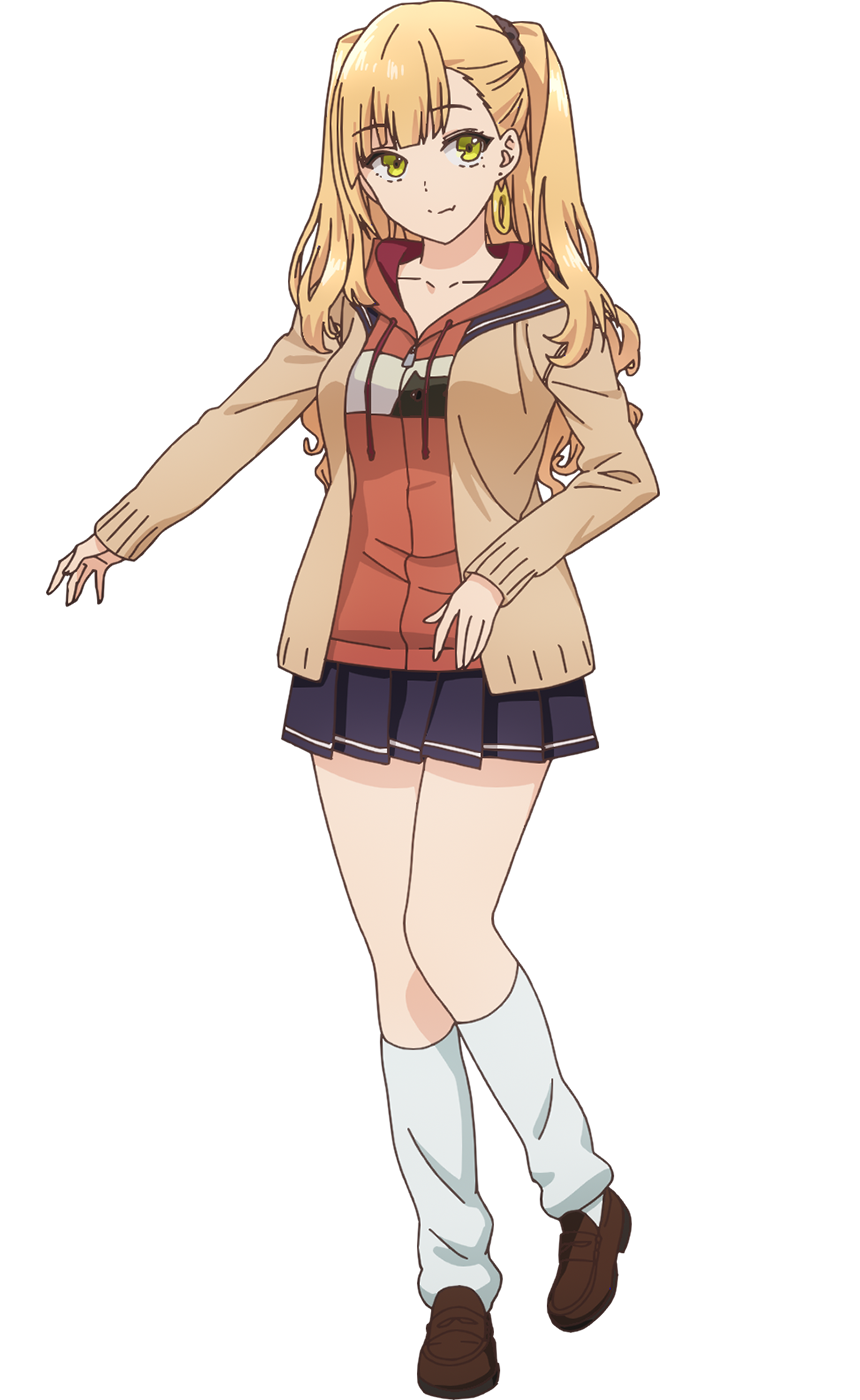 1girl, asymmetrical_bangs, black_scrunchie, blonde_hair, blue_sailor_collar, blue_skirt, brown_cardigan, brown_footwear