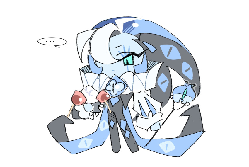 1boy, 1girl, 423_ian, black_bodysuit, blue_eyes, blue_skin, bodysuit, candy_apple_cookie