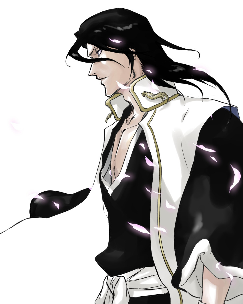 1boy, black_hair, black_kimono, bleach, bleach:_sennen_kessen-hen, cherry_blossoms, collarbone, floating_clothes