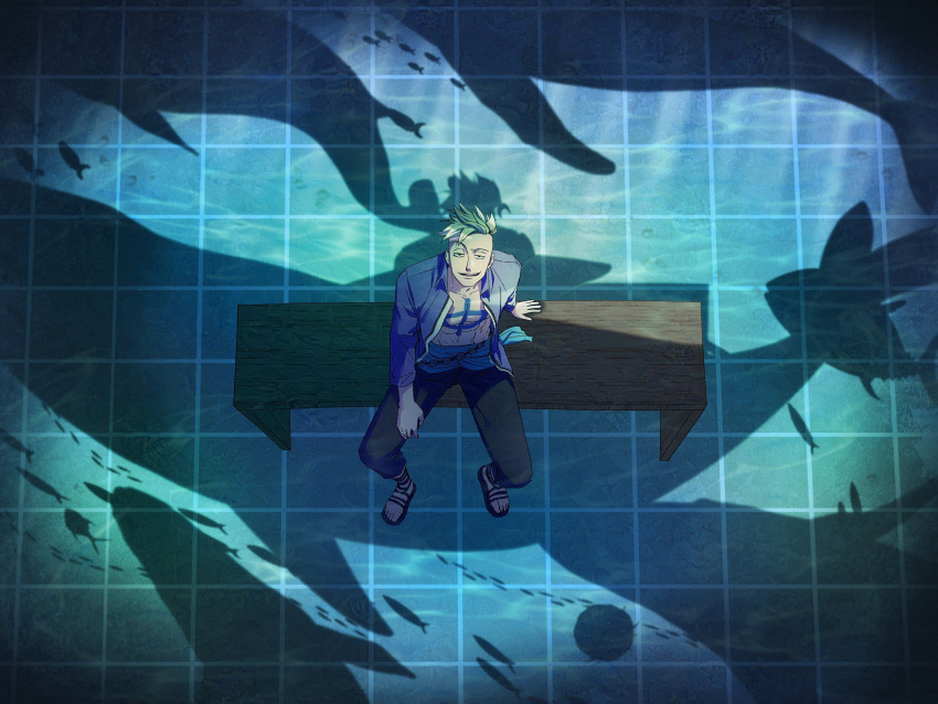 1boy, absurdres, anchor_tattoo, blonde_hair, blue_sash, from_above, full_body, hashtag-only_commentary