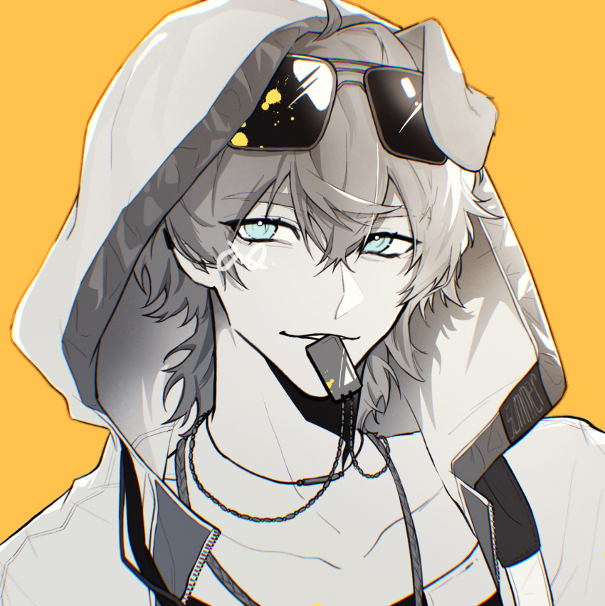1boy, ahoge, animal_ears, arknights, blue_eyes, chinese_commentary, collarbone, commentary_request