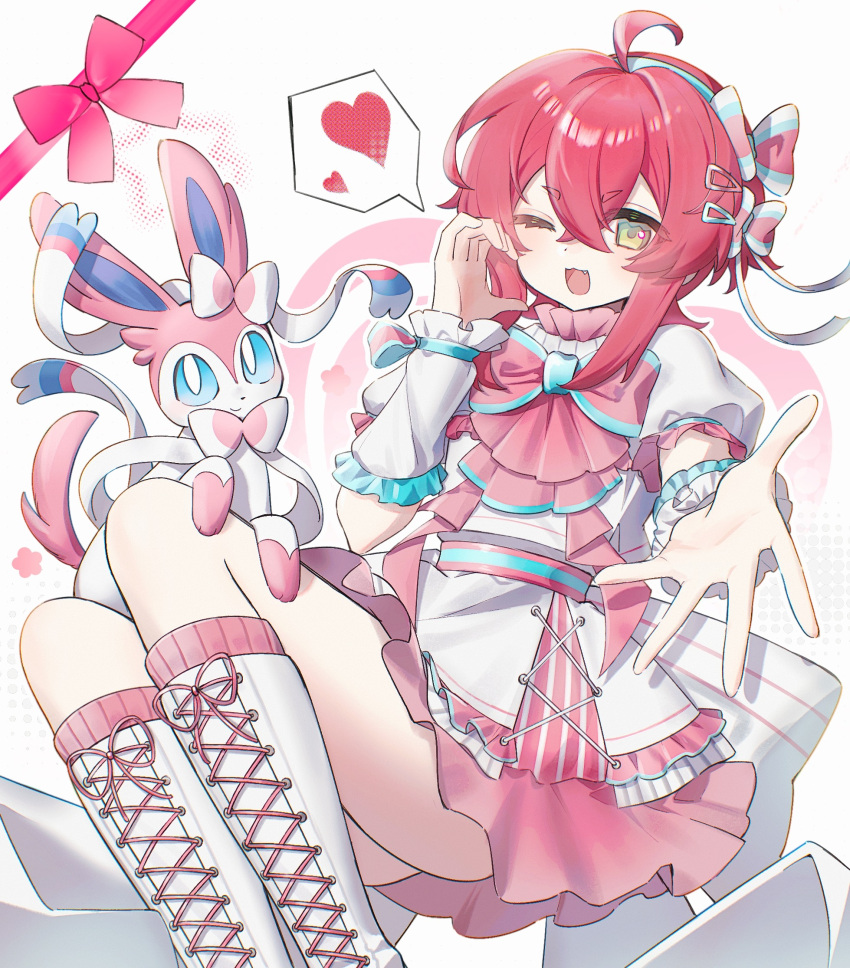 1girl, ;3, ahoge, artist_request, back_ribbon, belt, boots, creature_on_leg