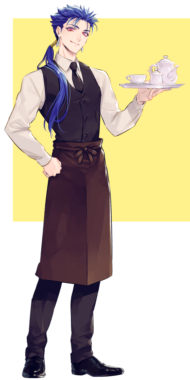 1boy, alternate_costume, apron, black_necktie, black_vest, blue_hair, commentary_request, cu_chulainn_(fate), cu_chulainn_(fate/stay_night), cup, fate/stay_night, fate_(series), full_body, hair_over_shoulder, hand_on_own_hip, highres, holding, holding_tray, male_focus, necktie, ponytail, red_eyes, smile, solo, teacup, teapot, tray, vest, waist_apron, waiter, zakuro_(zkr_108)