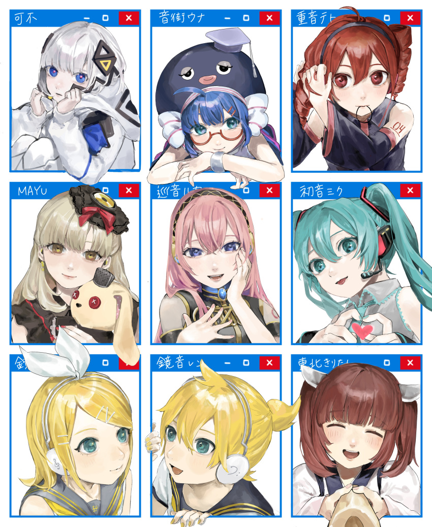 1boy, 6+girls, :d, ^_^, absurdres, adjusting_hair, aegyo_sal, ahoge