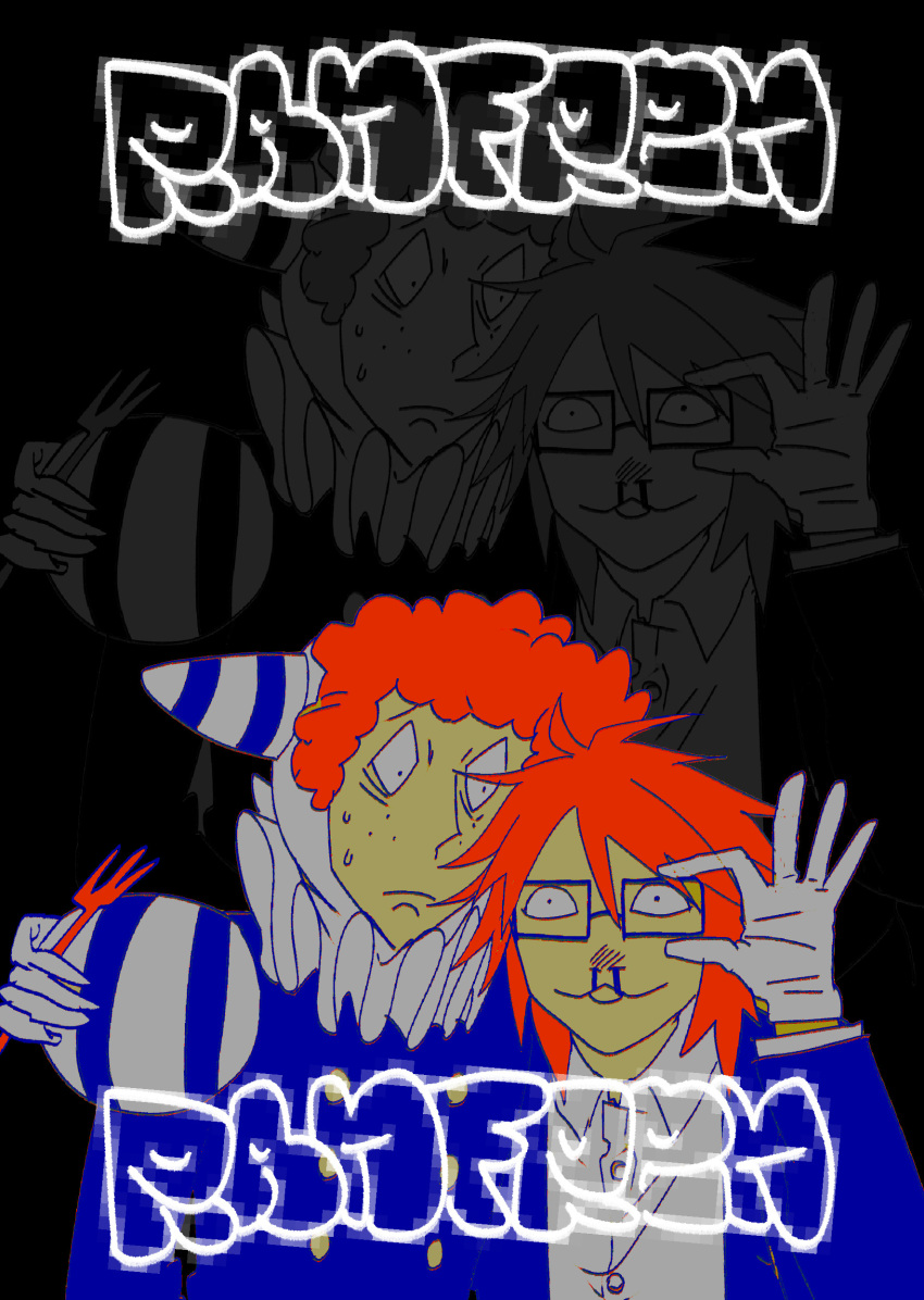 :3, absurdres, adjusting_eyewear, arm_around_shoulder, black_background, blood, clown, english_commentary