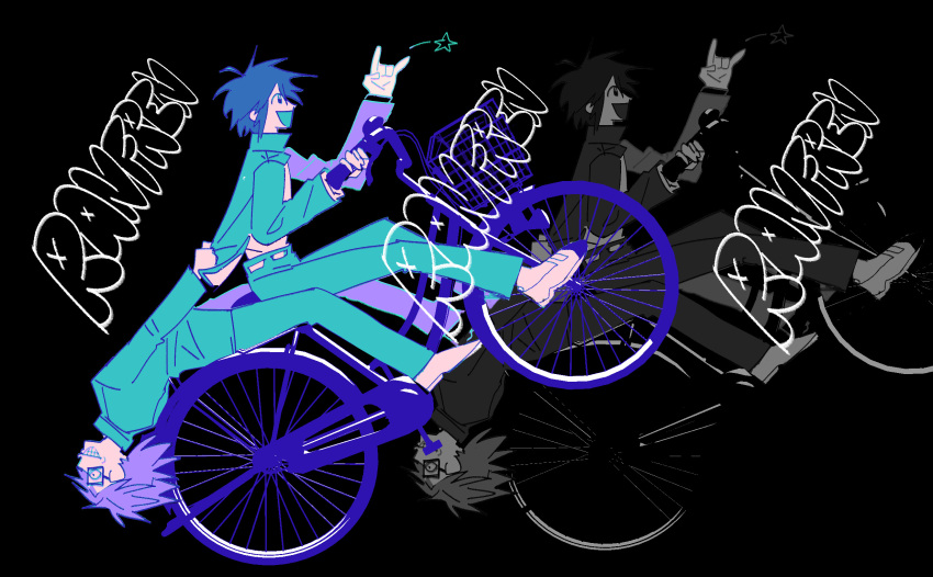 2boys, \m/, bicycle, black_background, blue_hair, english_commentary, full_body, gakuran