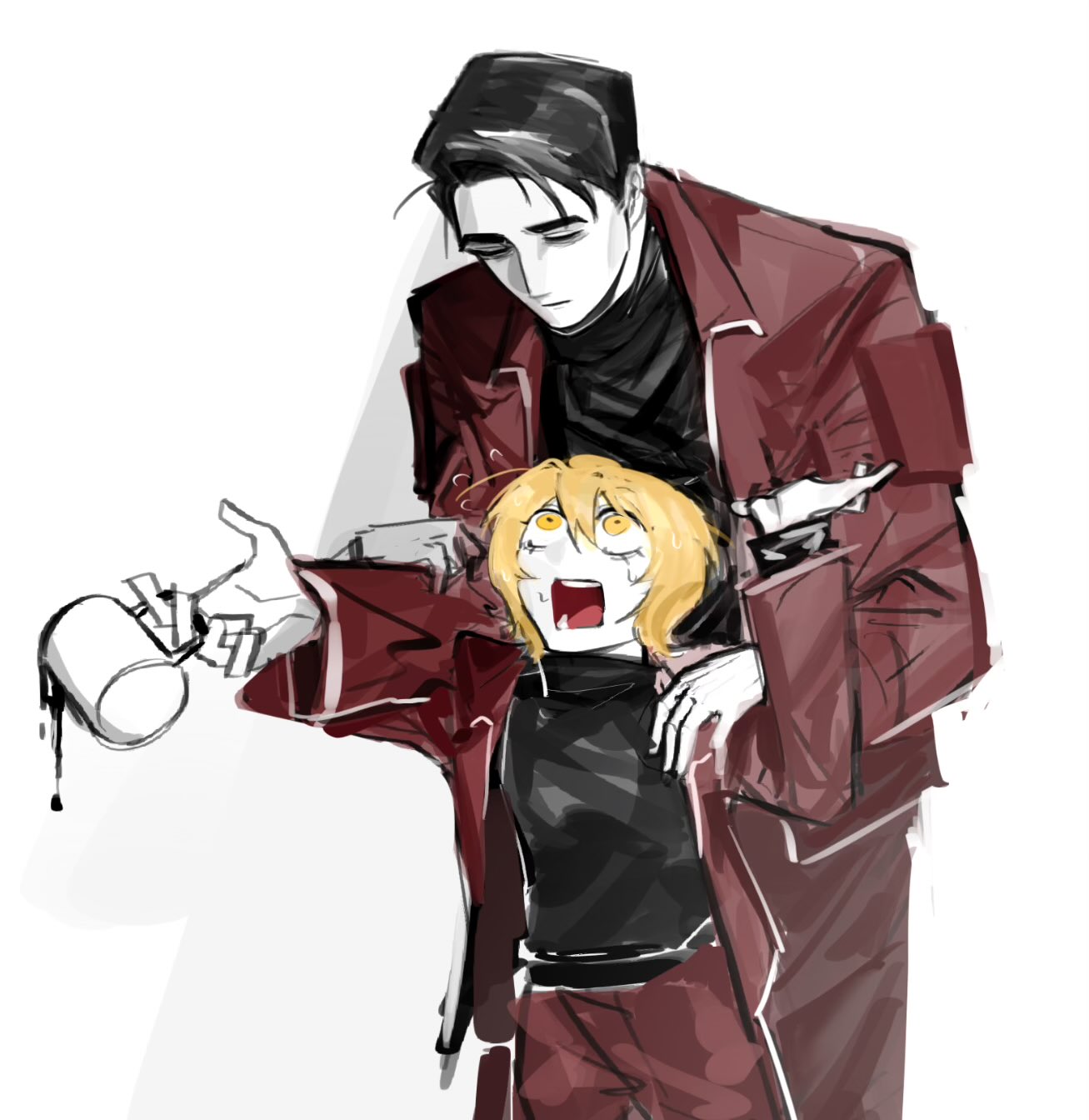 1boy, 1girl, black_hair, black_sweater, blonde_hair, closed_eyes, closed_mouth, cowboy_shot, cup, damalcb, don_quixote_(project_moon), hair_between_eyes, hands_up, highres, holding, holding_cup, jacket, limbus_company, long_sleeves, meursault_(project_moon), mug, open_mouth, pants, project_moon, red_jacket, red_pants, rosespanner_workshop_(identity)_(project_moon), short_hair, sidelocks, sweat, sweater, yellow_eyes