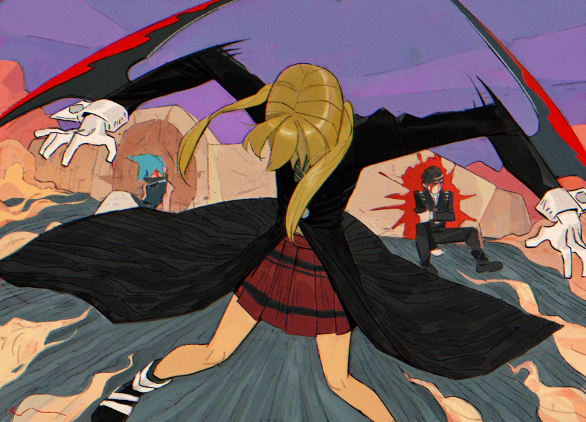1girl, 2boys, black_coat, black_hair, black_star, black_suit, blood, blood_on_face