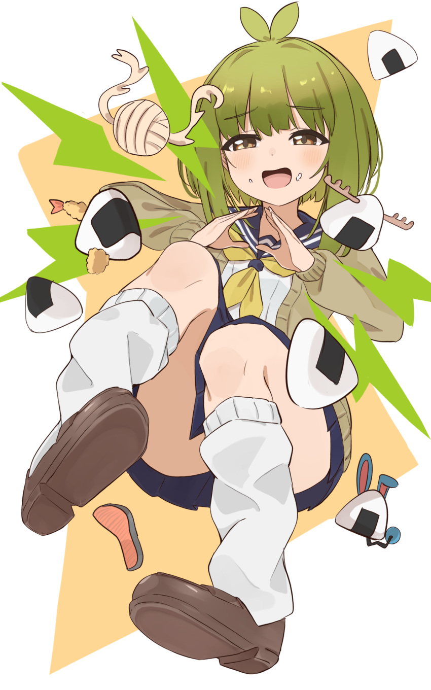 bashame_meme, blue_skirt, brown_footwear, brown_sweater, commentary, food, food_on_face, green_hair, highres, kanno_(kan_save), kneehighs, loafers, long_sleeves, loose_socks, navel, neckerchief, onigiri, open_clothes, open_mouth, penny_loafers, pleated_skirt, puffy_long_sleeves, puffy_sleeves, rice, sailor_collar, salmon, school_uniform, serafuku, shikanoko_nokonoko_koshitantan, shoes, shrimp, shrimp_tempura, simple_background, skirt, socks, sweater, tempura, white_background, white_socks, yarn, yarn_ball, yellow_eyes, yellow_neckerchief