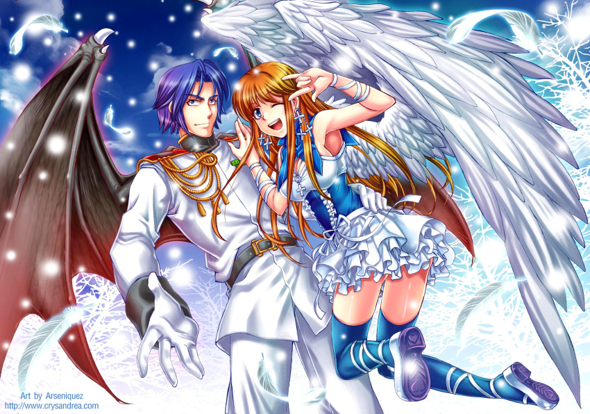 1boy, 1girl, angel, angel_and_devil, arseniquez, bat_wings, blonde_hair, blue_eyes