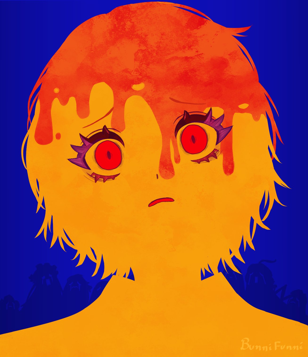 3girls, 5others, blonde_hair, blood, blood_in_hair, blue_background, crying, don_quixote_(project_moon)